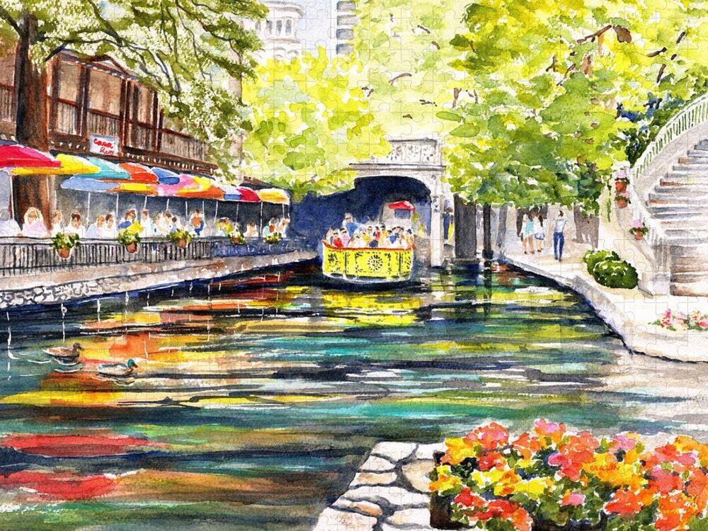 Texas Jigsaw Puzzle featuring the painting Texas San Antonio River Walk by Carlin Blahnik CarlinArtWatercolor