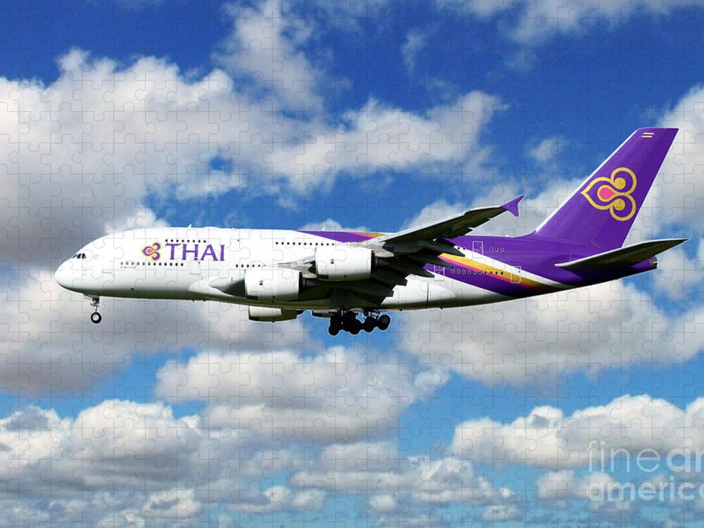 Airbus Jigsaw Puzzle featuring the digital art Thai Airlines Airbus A380 by Airpower Art