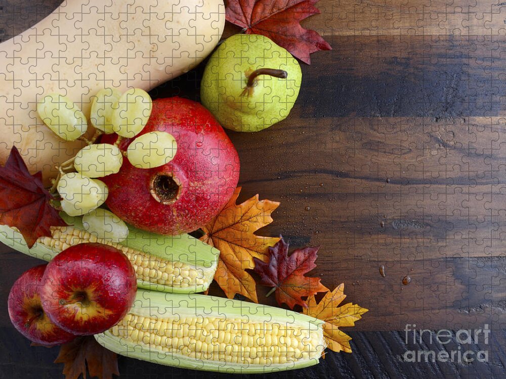 Apple Jigsaw Puzzle featuring the photograph Thanksgiving Fall Autumn Harvest Wood Background. by Milleflore Images