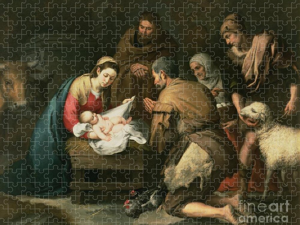 Adoration Jigsaw Puzzle featuring the painting The Adoration of the Shepherds by Bartolome Esteban Murillo
