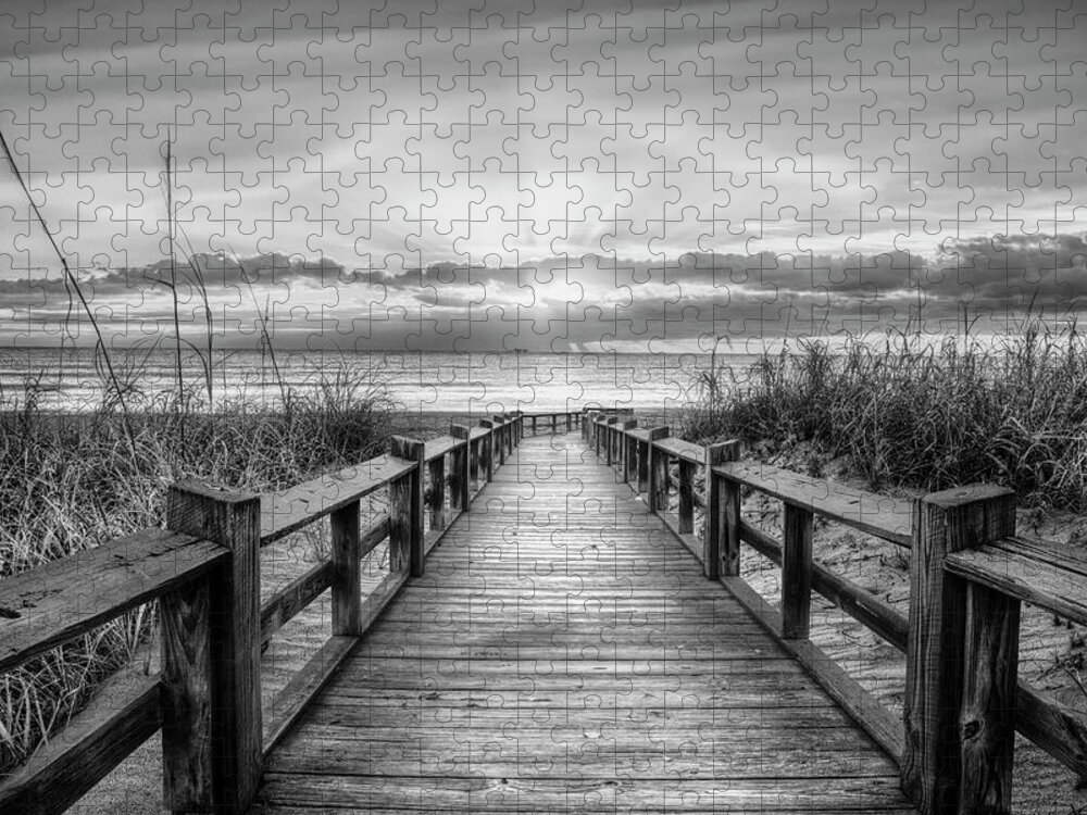 Black Jigsaw Puzzle featuring the photograph The Beach is Calling Black and White by Debra and Dave Vanderlaan