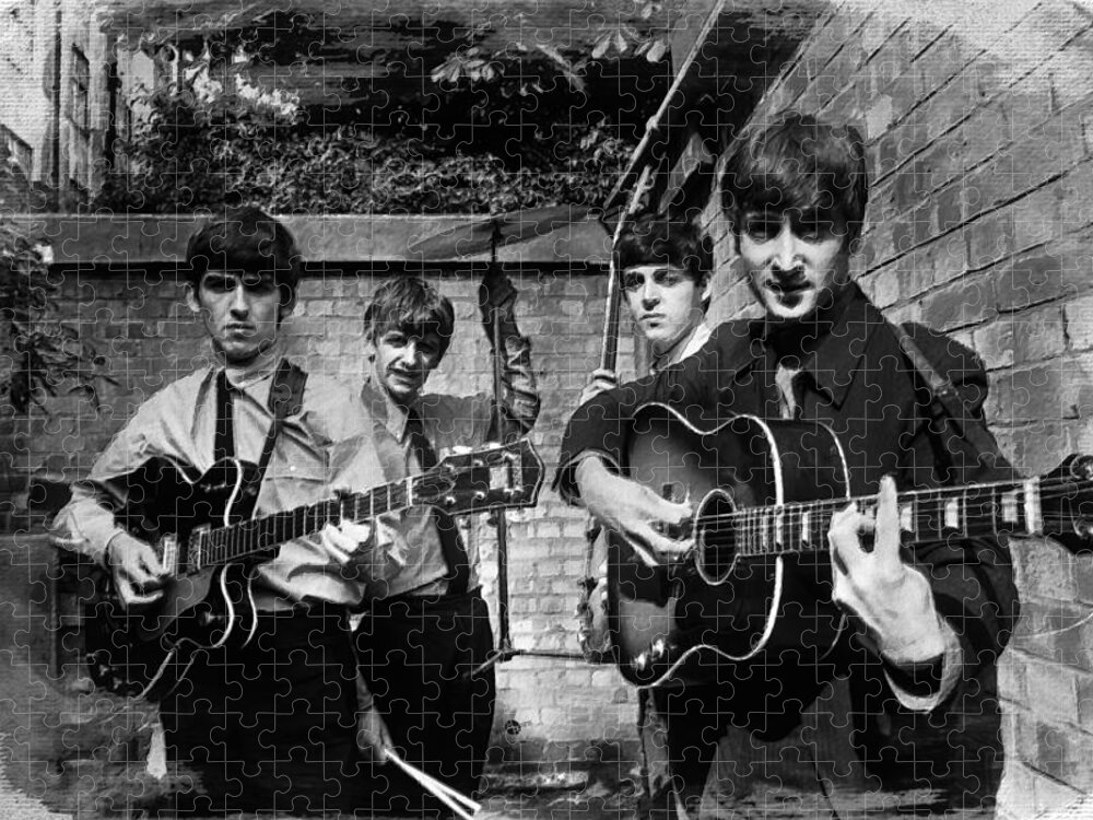 The Beatles Jigsaw Puzzle featuring the painting The Beatles In London 1963 Black And White Painting by Tony Rubino