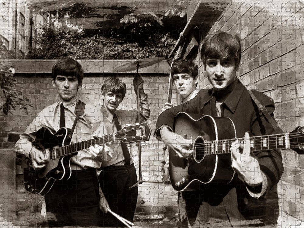 The Beatles Jigsaw Puzzle featuring the painting The Beatles In London 1963 Sepia Painting by Tony Rubino