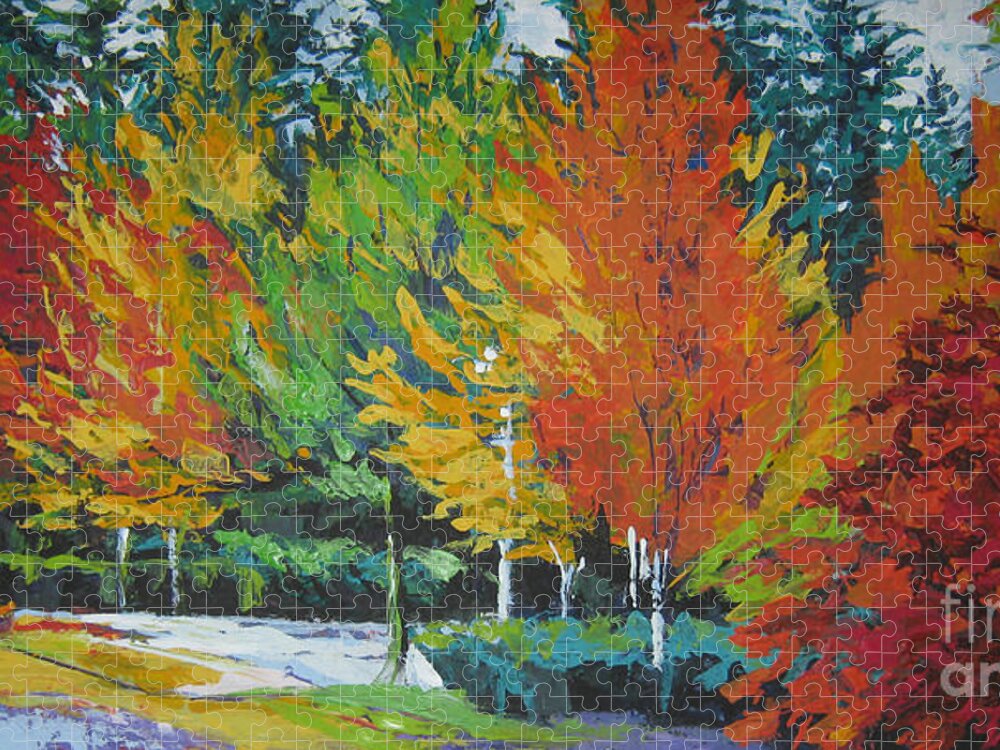 Landscape Jigsaw Puzzle featuring the painting The Big Red Tree by Lee Ann Shepard