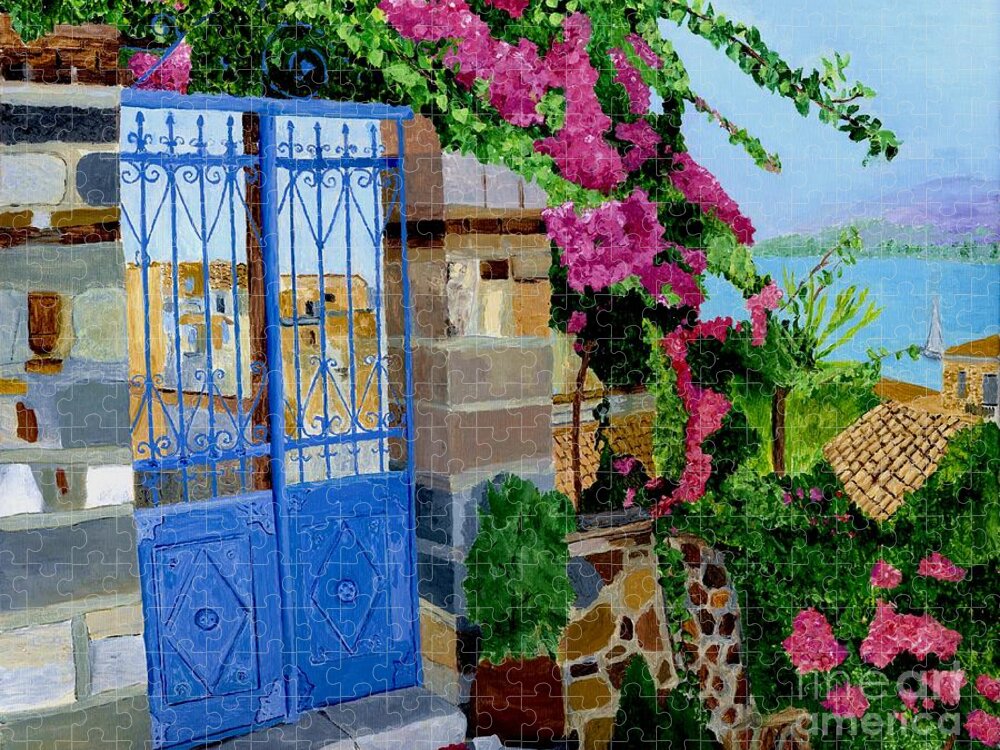 Poros Island Gate Jigsaw Puzzle featuring the painting The Blue Gate by Rodney Campbell