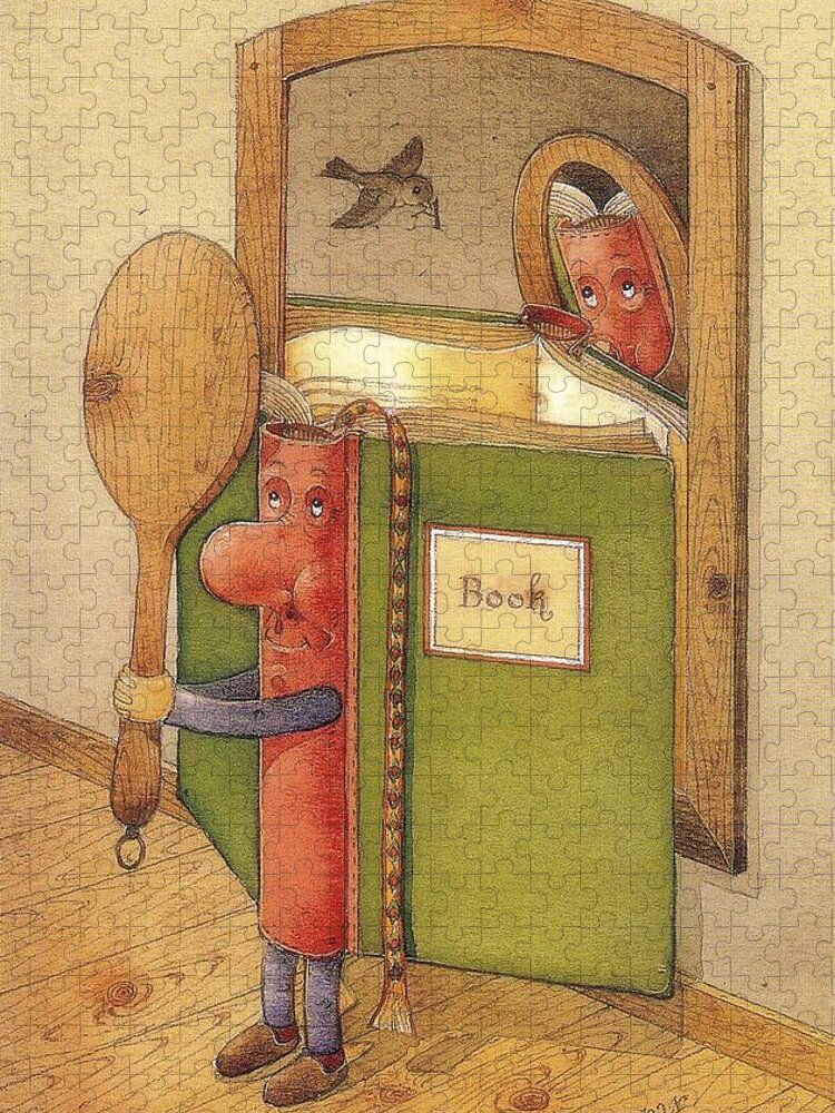 Book Mirror Bird Reading Jigsaw Puzzle featuring the painting The Book reading himself by Kestutis Kasparavicius