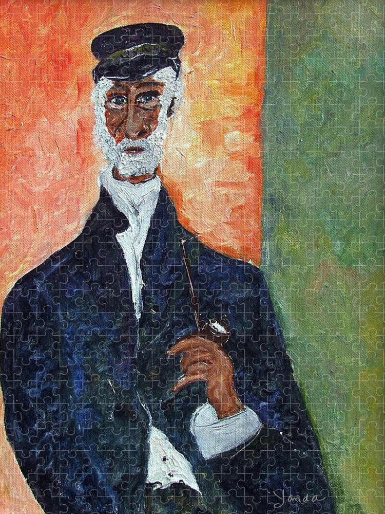 Katt Yanda Original Art Portrait Oil Painting Canvas Old Man Pipe Captain Jigsaw Puzzle featuring the painting The Captain by Katt Yanda