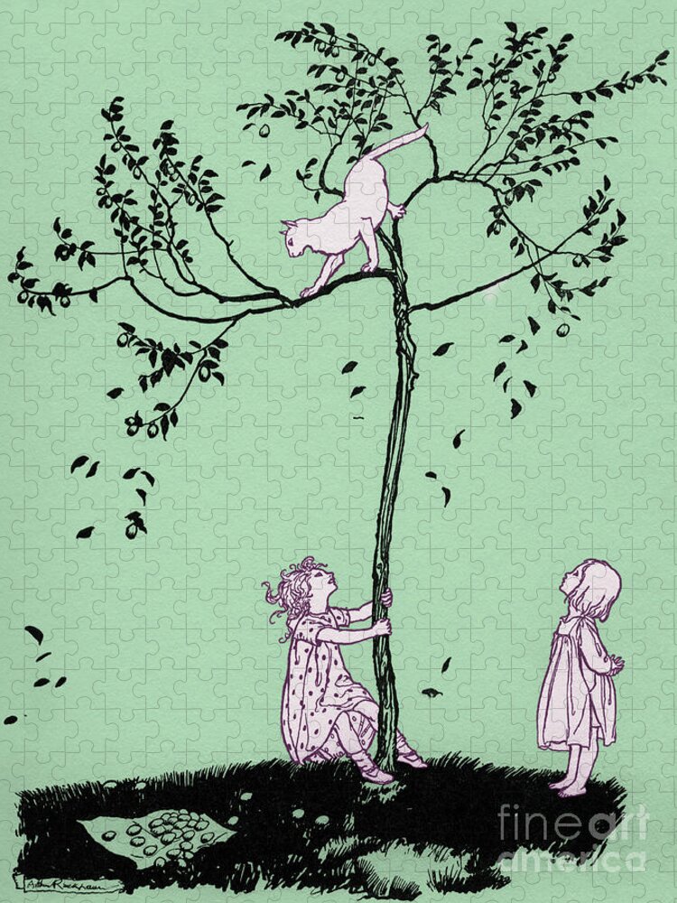 Nursery Decor Jigsaw Puzzle featuring the drawing The cat ran up the plum tree by Arthur Rackham