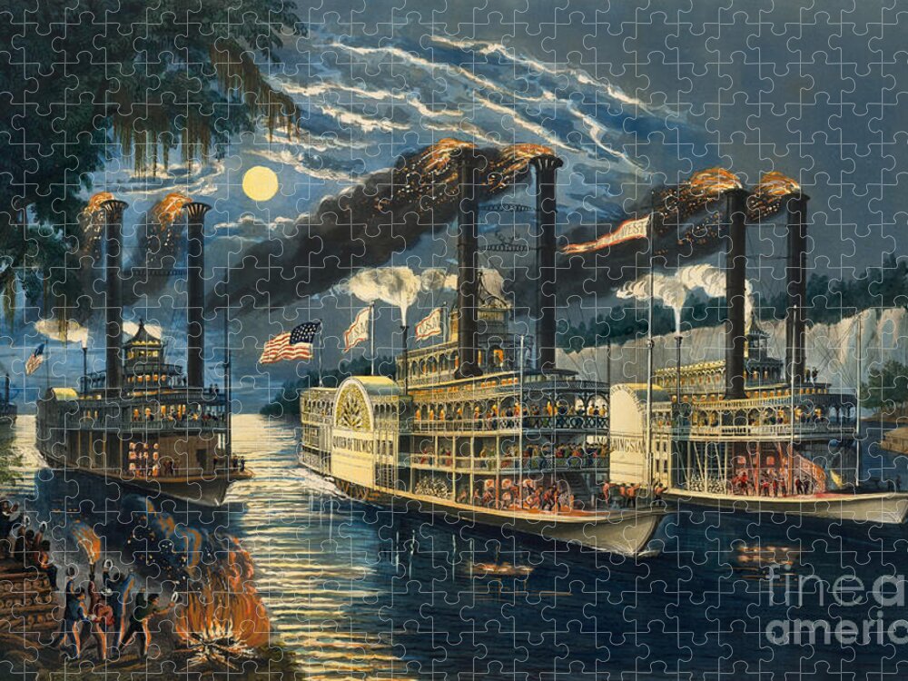 Transportation Jigsaw Puzzle featuring the painting The Champions of the Mississippi by Currier and Ives