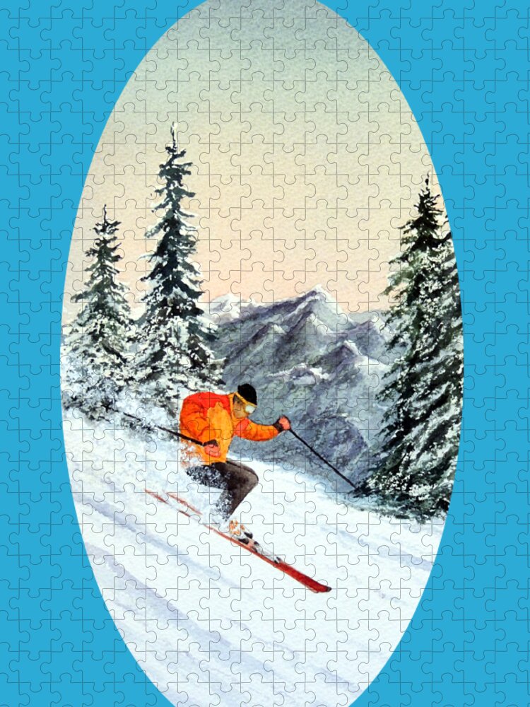 I Love Skiing Jigsaw Puzzle featuring the painting The Clear Leader Skiing by Bill Holkham