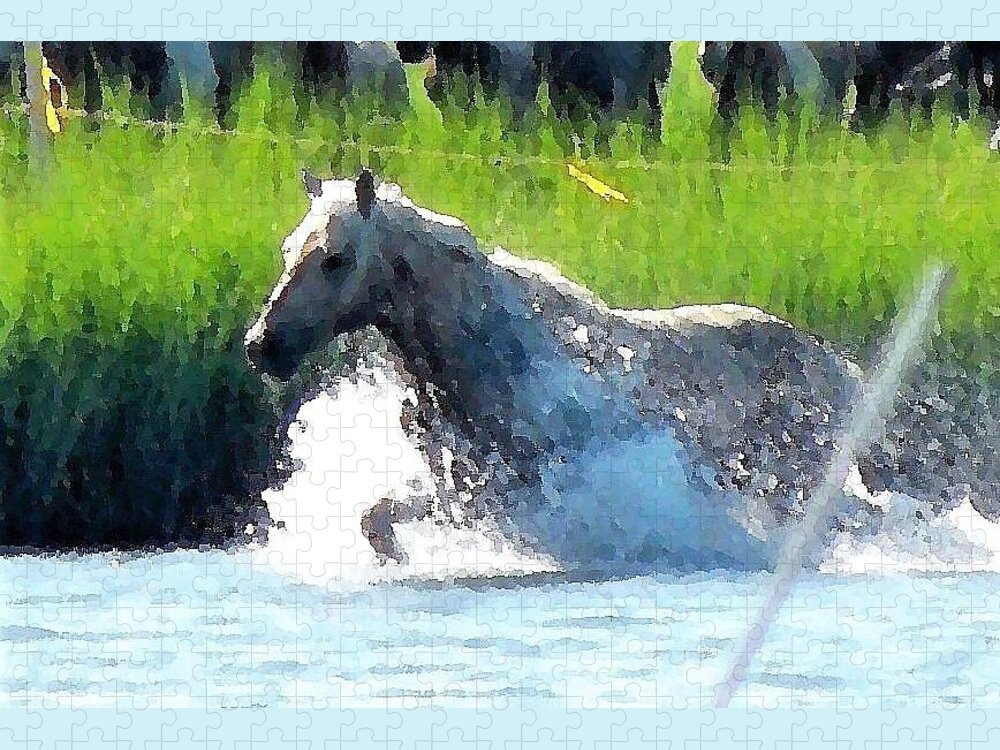 Wild Horse Jigsaw Puzzle featuring the photograph The Crossing - Chincoteague Pony Run by Kim Bemis