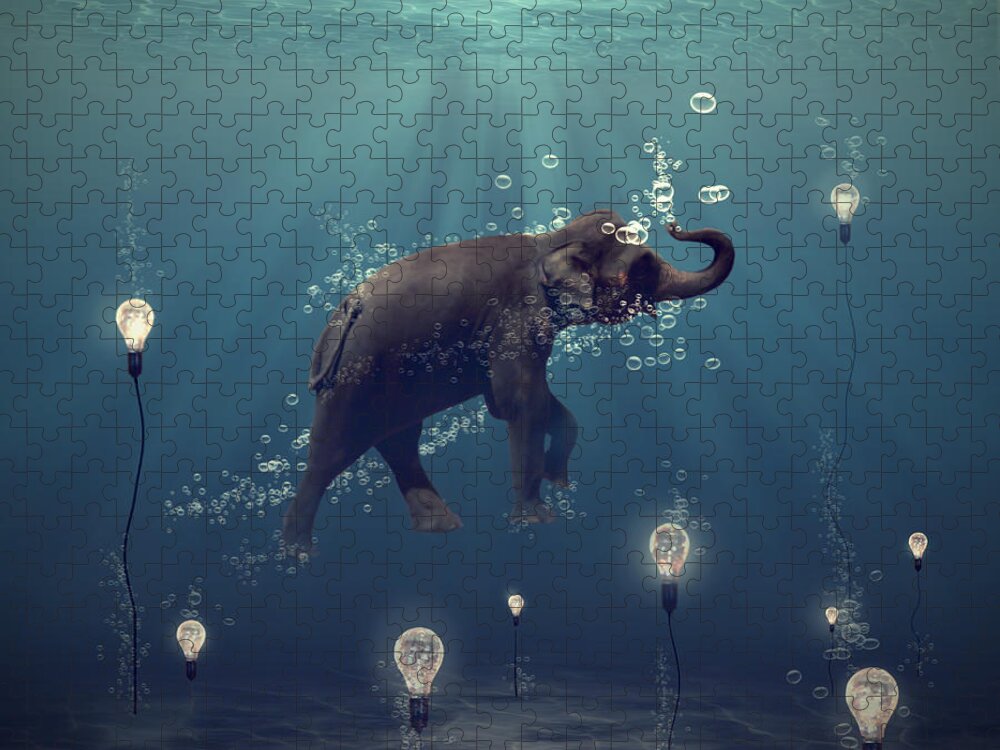 Elephantsea Ocean Blue Square Animal Happy Bubble Digital Surreal Imagination Dreamlike Light Underwater Jigsaw Puzzle featuring the photograph The dreamer by Martine Roch