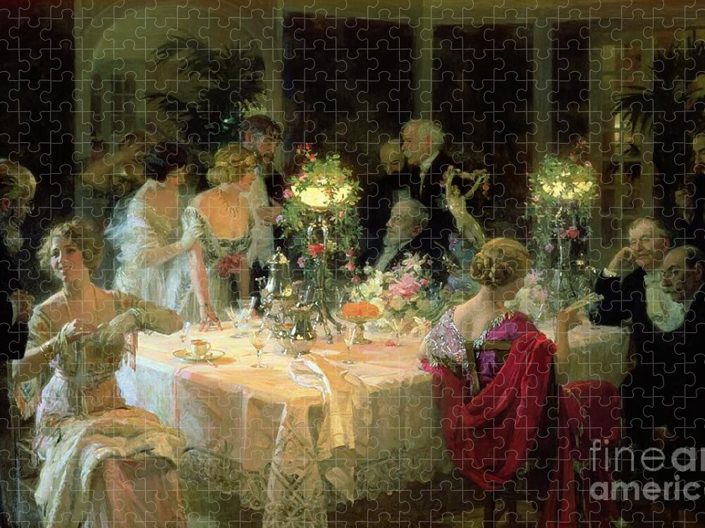 The Jigsaw Puzzle featuring the painting The End of Dinner by Jules Alexandre Grun