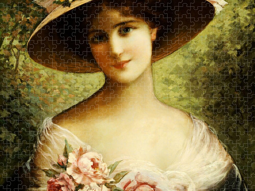 The Fancy Bonnet (oil On Canvas) By Emile Vernon (1872-1919) Rose Jigsaw Puzzle featuring the painting The Fancy Bonnet by Emile Vernon