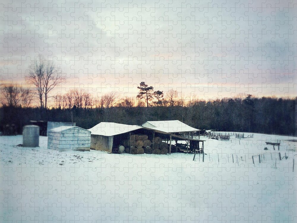 Photography Jigsaw Puzzle featuring the photograph The Farm In Snow At Sunset by Melissa D Johnston
