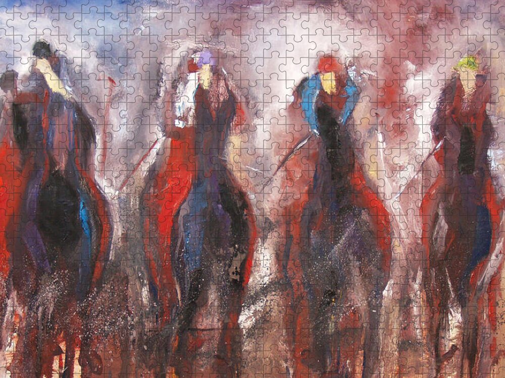 Horse Racing Jigsaw Puzzle featuring the painting The Four Horsemen by John Gholson