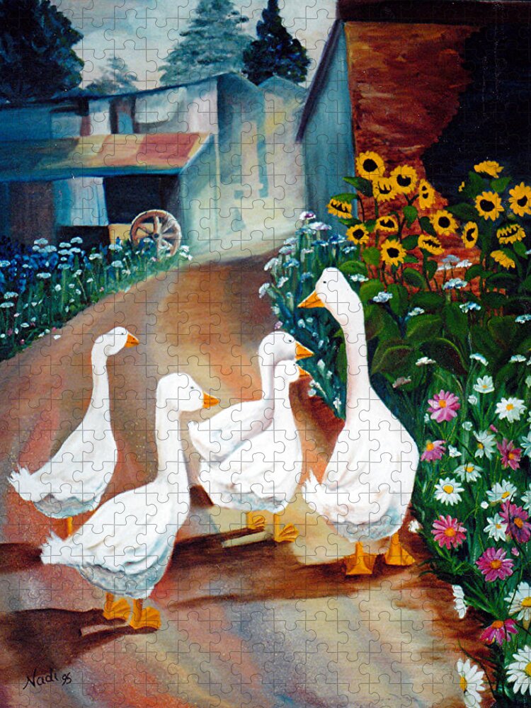 Geese Jigsaw Puzzle featuring the painting The Gaggle by Renate Wesley