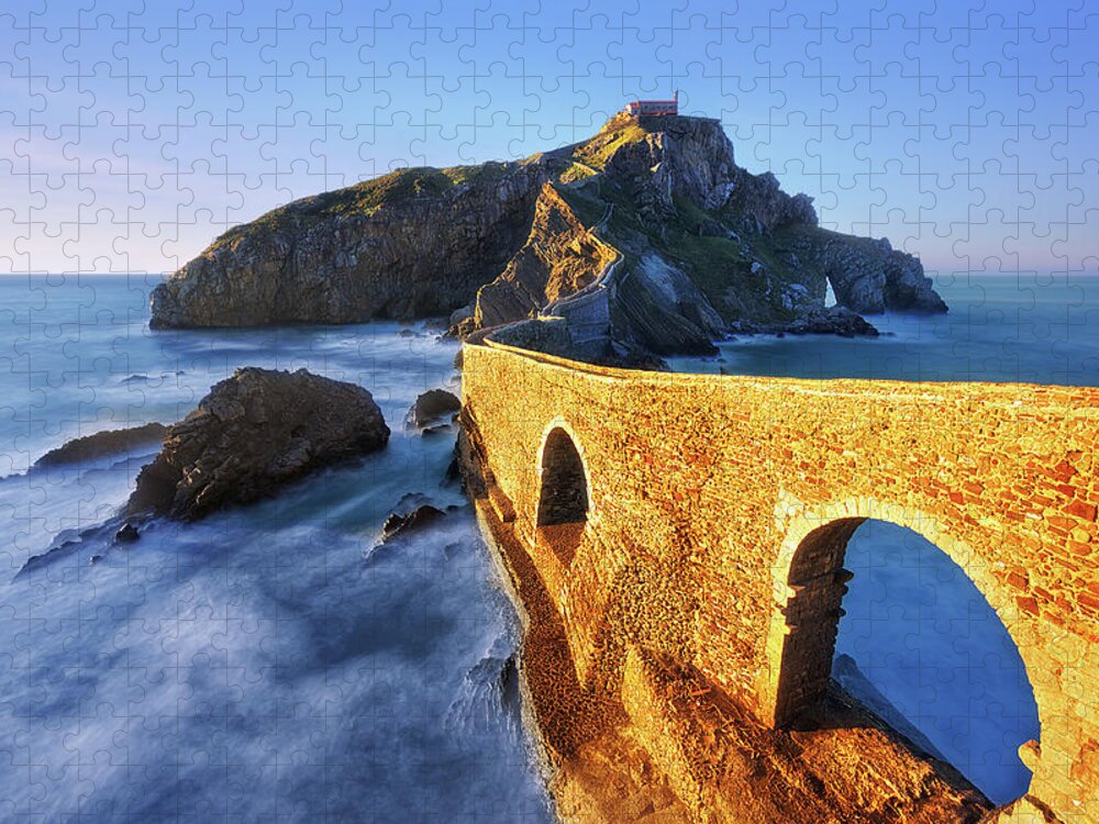 Gaztelugatxe Jigsaw Puzzle featuring the photograph The golden bridge by Mikel Martinez de Osaba