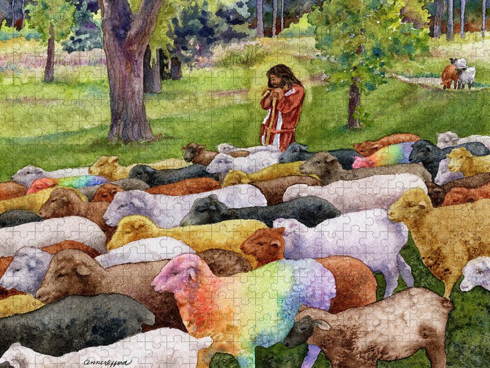 Jesus Painting Jigsaw Puzzle featuring the painting The Good Shepherd by Anne Gifford