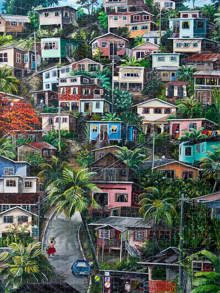  Landscape Painting Cityscape Painting Houses Painting Hill Painting Lavantille Port Of Spain Painting Trinidad And Tobago Painting Caribbean Painting Tropical Painting Caribbean Painting Original Painting Greeting Card Painting Jigsaw Puzzle featuring the painting THE HILL   Trinidad by Karin Dawn Kelshall- Best