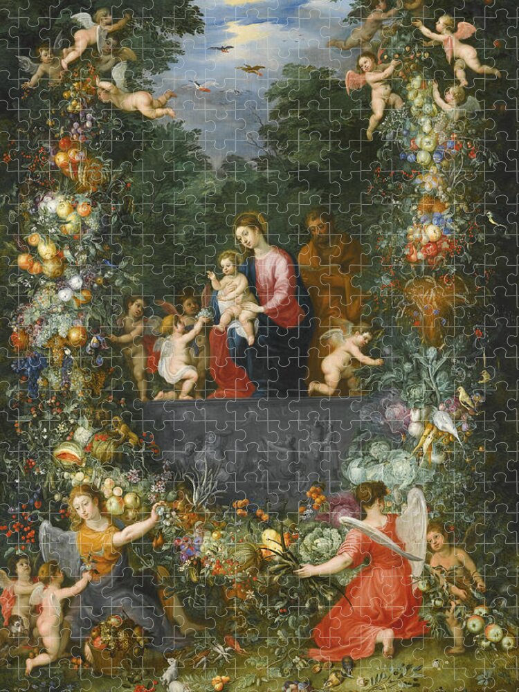Jan Brueghel The Younger Jigsaw Puzzle featuring the painting The Holy Family Within a Garland of Fruit, Flowers and Vegetables Held by Angels by Hendrick van Balen