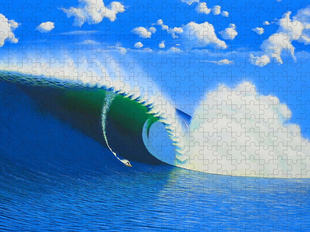 Surfing Jigsaw Puzzle featuring the painting Cortes 100-Foot Barrel by John Kaelin