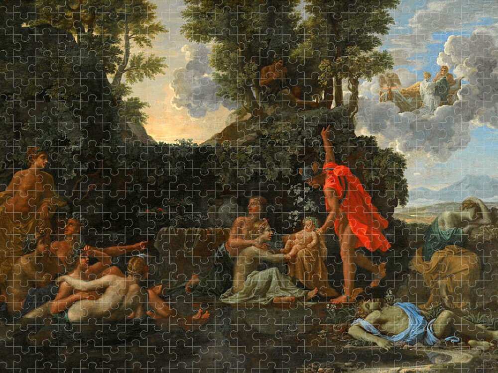 Nicolas Poussin Jigsaw Puzzle featuring the painting The Infant Bacchus Entrusted to the Nymphs of Nysa. The Death of Echo and Narcissus by Nicolas Poussin
