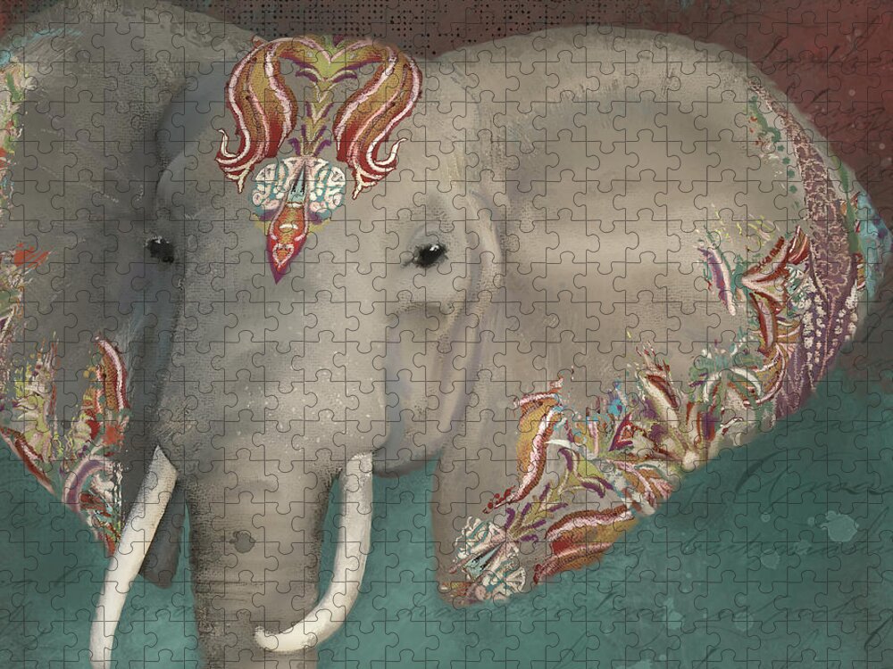 The King Elephant Jigsaw Puzzle featuring the painting The King - African Bull Elephant - Kashmir Paisley Tribal Pattern Safari Home Decor by Audrey Jeanne Roberts