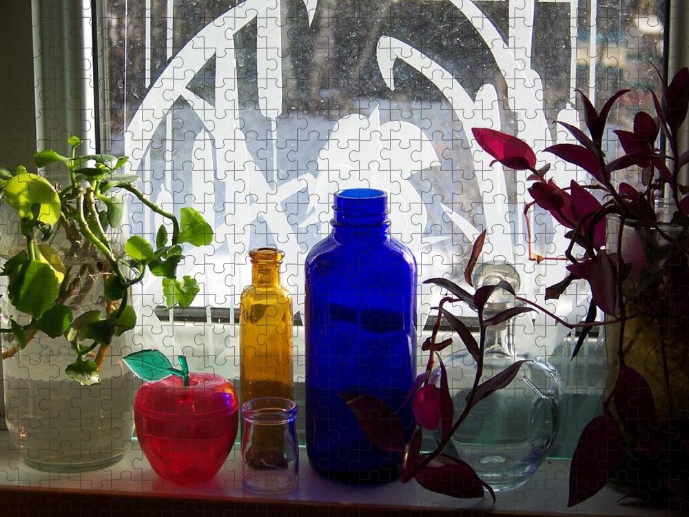 Colored Bottles Jigsaw Puzzle featuring the photograph The Kitchen Window Sill by Jackie Mueller-Jones