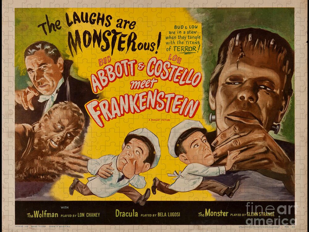 The Laughs Are Monsterous Jigsaw Puzzle featuring the digital art The laughs are monsterous Abott an Costello meet Frankenstein classic movie poster by Vintage Collectables