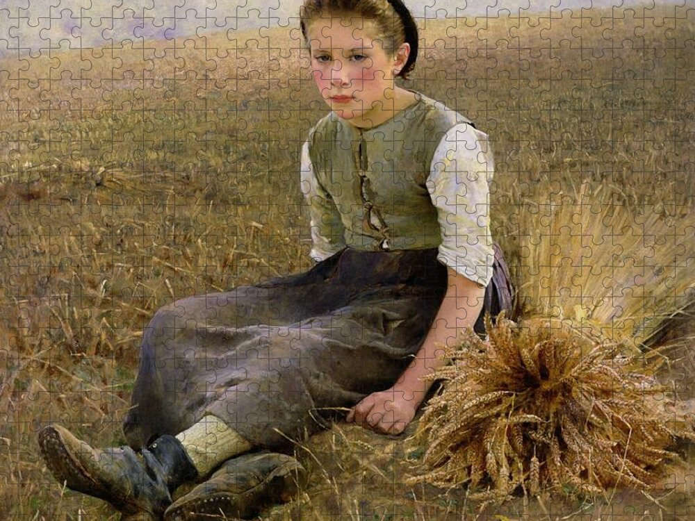 La Petite Glaneuse; Corn; Pensive; Sheaf; Field; Young Girl; The Little Gleaner Jigsaw Puzzle featuring the painting The Little Gleaner, 1884 by Hugo Salmson by Hugo Salmson