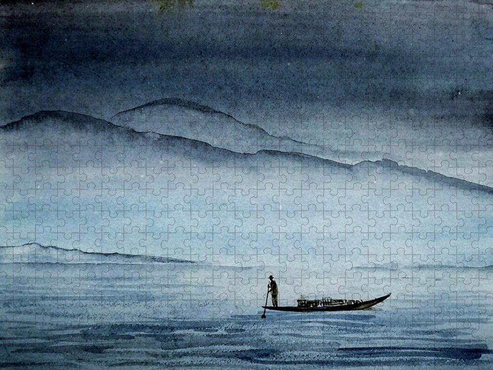 Boat Jigsaw Puzzle featuring the painting The lonely boat man by Asha Sudhaker Shenoy