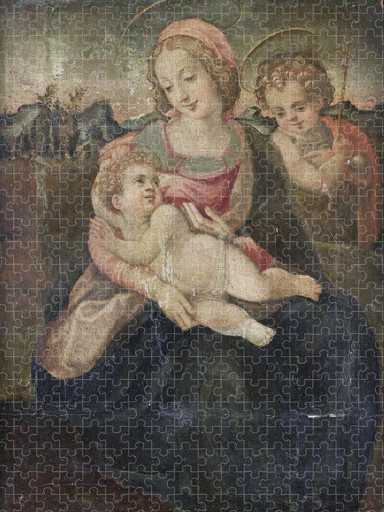 Circle Of Francesco Del Brina Jigsaw Puzzle featuring the painting The Madonna and Child with the Infant Saint John the Baptist before an open landscape by Circle of Francesco del Brina