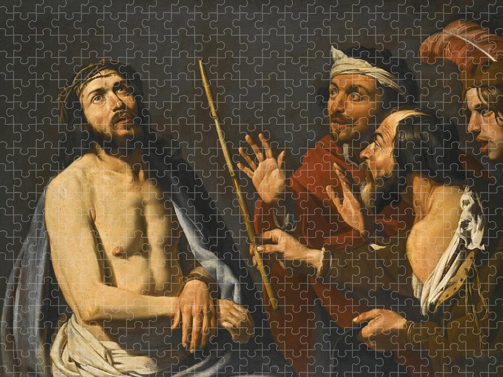 Matthias Stom Jigsaw Puzzle featuring the painting The Mocking of Christ by Matthias Stom