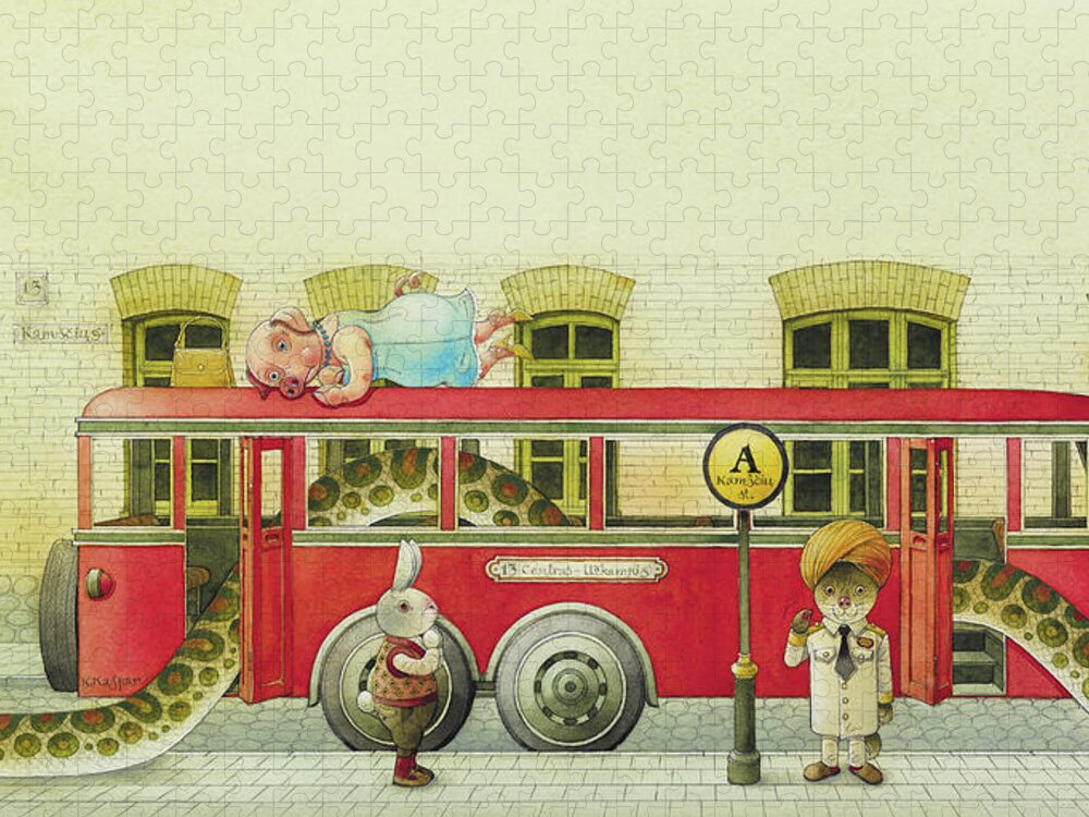 Snake Buss Rabbit Mongoose Old Town Street Cow Bear Red Illustration Children Drawing Watercolor Traffic Jigsaw Puzzle featuring the drawing The Nighbor around the Corner06 by Kestutis Kasparavicius