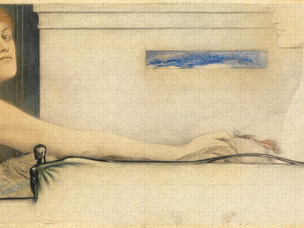Fernand Khnopff Jigsaw Puzzle featuring the drawing The Offering by Fernand Khnopff