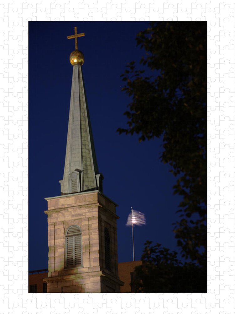 Coblitz Cathedral Old Tower Steeple Church Worship Cross Night Flag Blue Stone Building St Louis Missouri Mo Architecture Architectural Jigsaw Puzzle featuring the photograph The Old Cathedral - St. Louis by David Coblitz