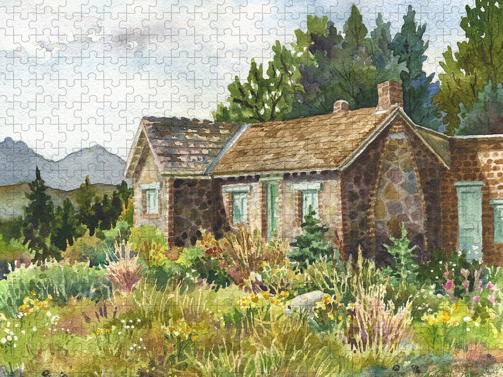 Stone House Painting Jigsaw Puzzle featuring the painting The Old Moore House at Caribou Ranch by Anne Gifford