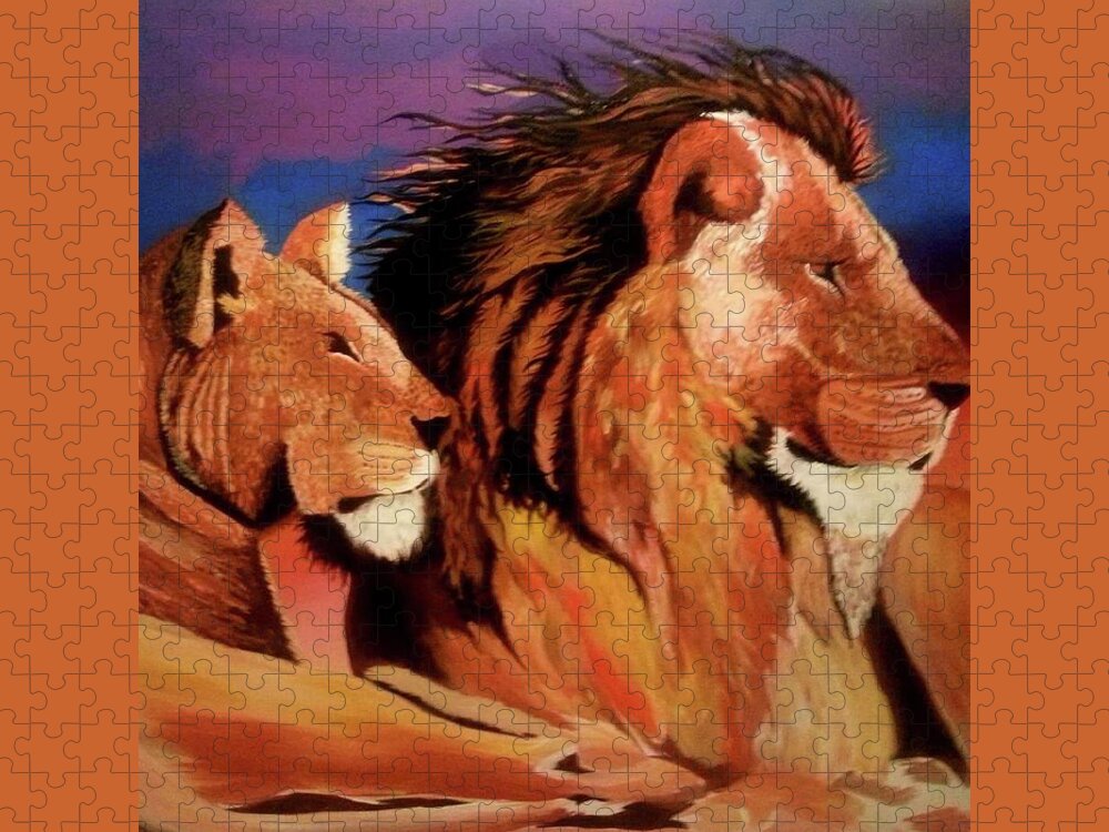 Lions In The Pride Jigsaw Puzzle featuring the painting The Pride by Femme Blaicasso