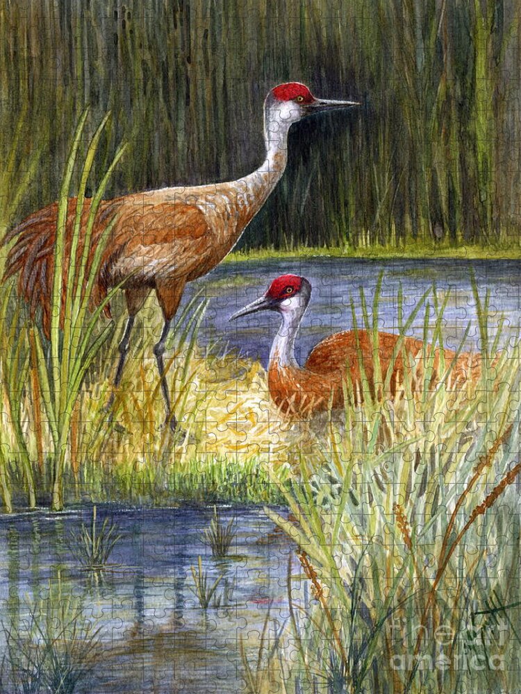 Sandhill Cranes Jigsaw Puzzle featuring the painting The Protector - Sandhill Cranes by Marilyn Smith