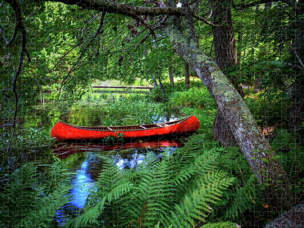 Canoe Under The Canopy Jigsaw Puzzle featuring the photograph The Red Canoe on the Lake by David Patterson