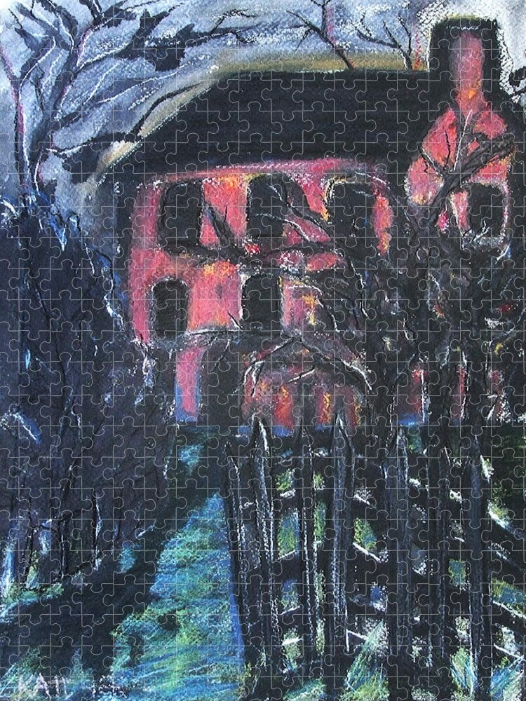 Original Art Pastel Chalk Drawing Red House Tree Fence Jigsaw Puzzle featuring the pastel The Red House by Katt Yanda