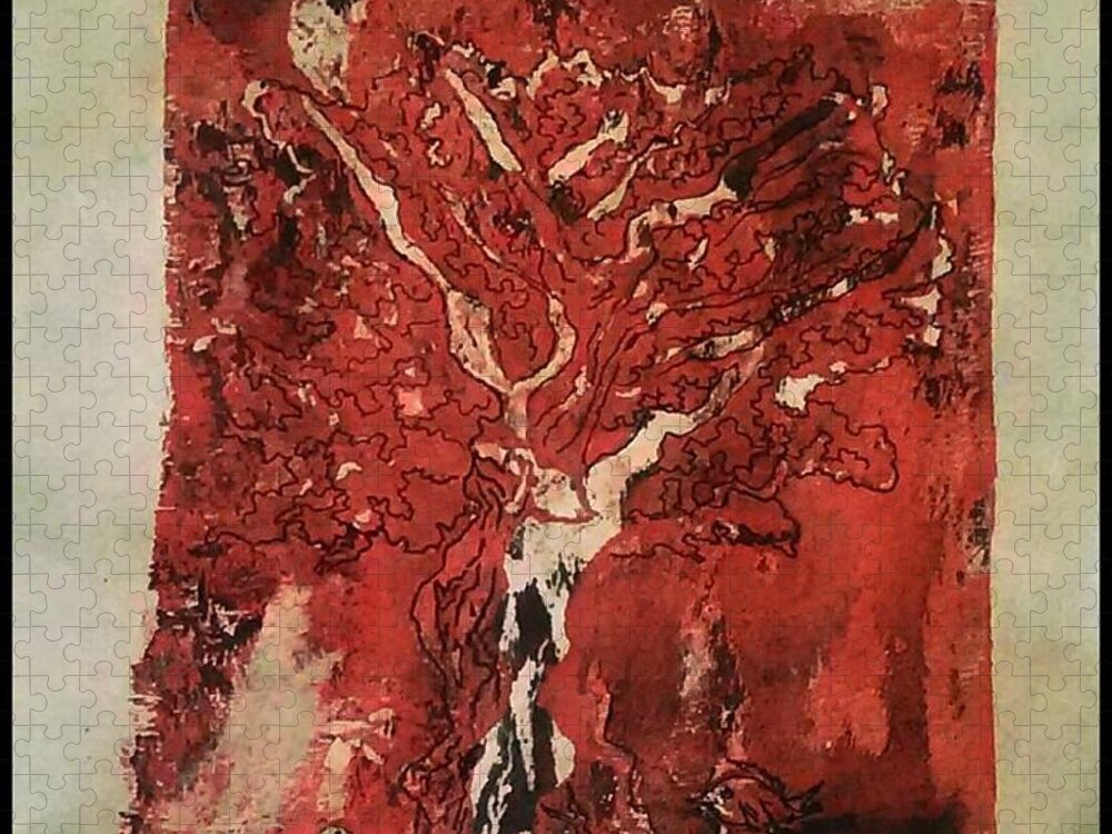 Tree Jigsaw Puzzle featuring the mixed media The Red Tree by Angela Weddle