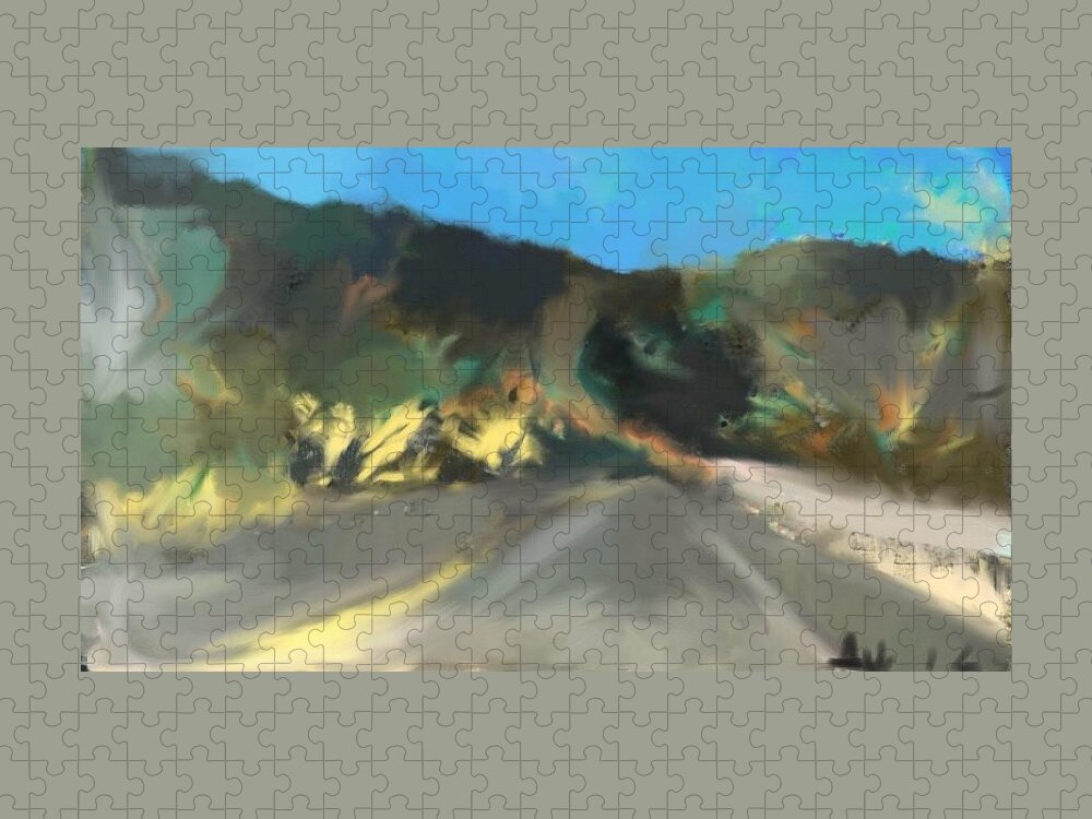 Landscape Jigsaw Puzzle featuring the painting The Road Through Davis Mountains #2 by Angela Weddle