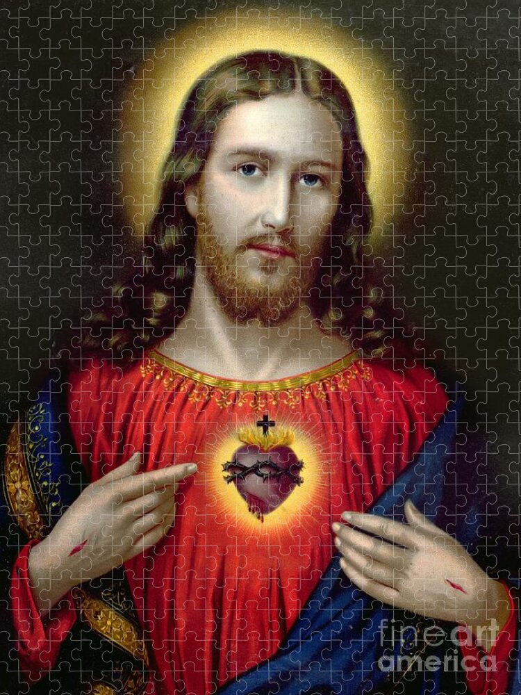 Jesus Jigsaw Puzzle featuring the painting The Sacred Heart of Jesus by English School