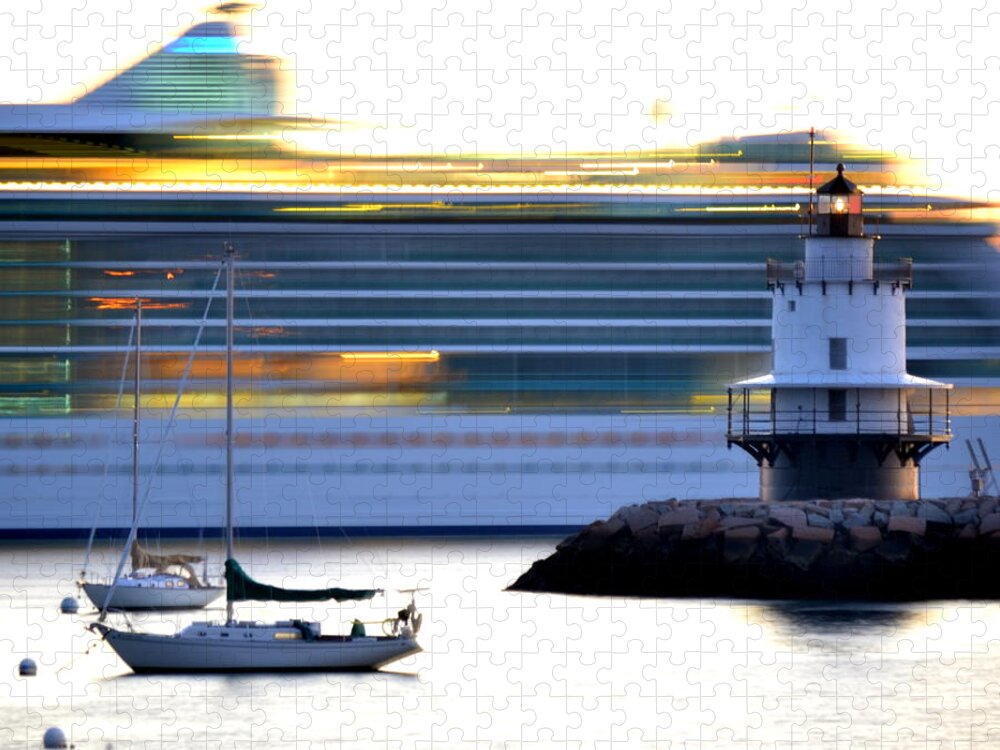 Lighthouse Jigsaw Puzzle featuring the photograph The Sailboats and the Cruise Ship by Colleen Phaedra