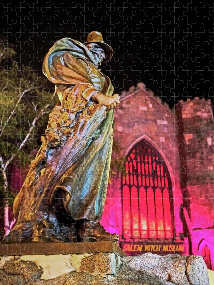 The Jigsaw Puzzle featuring the photograph The Salem Witch Museum Statue Halloween Weekend Salem MA by Toby McGuire
