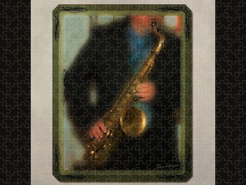 Sax Player Jigsaw Puzzle featuring the photograph Saxman by Terri Harper