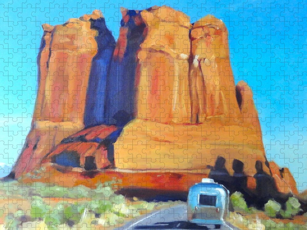 Airstream Art Jigsaw Puzzle featuring the painting The Shadow of the Three Gossips Arches Utah by Elizabeth Jose