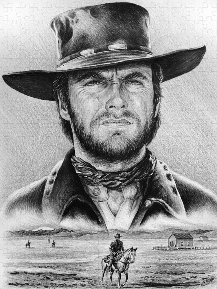  Clint Eastwood Jigsaw Puzzle featuring the painting The Stranger bw 2 version by Andrew Read